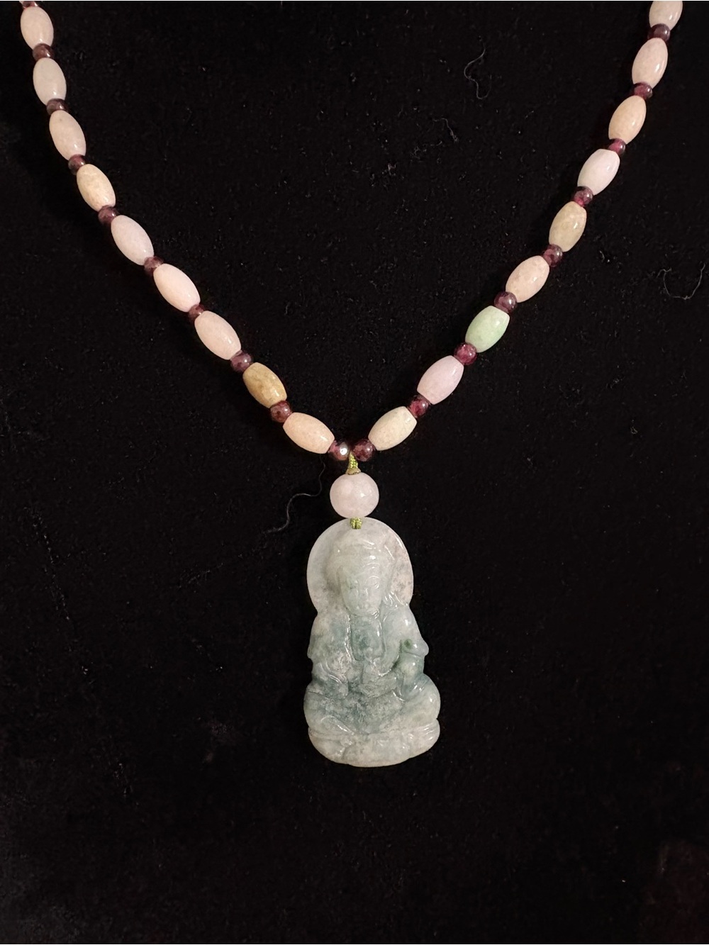 Hand Carved Jade Pendant Multi Colored Jade Beads Necklace 17” With 2” Pendant